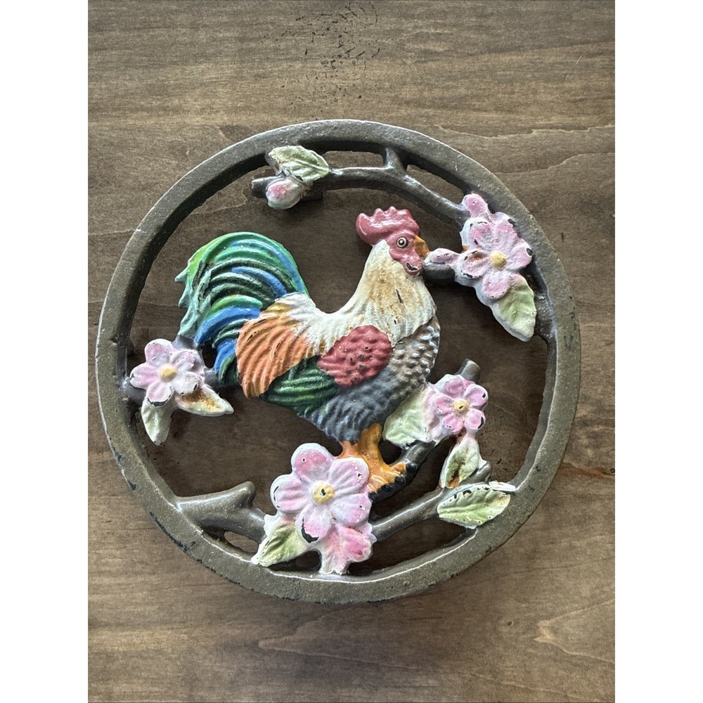 Vintage Cast Iron Rooster Trivet Wall Hanging Folk Art Farmhouse Kitchen Decor
